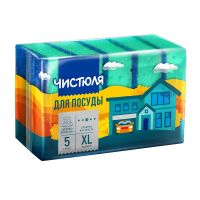 Губка поролоновая для посуды 100х70х31 мм XL, зел., 5 шт/упак "Чистюля" 60 упак/кор РОССИЯ П0311